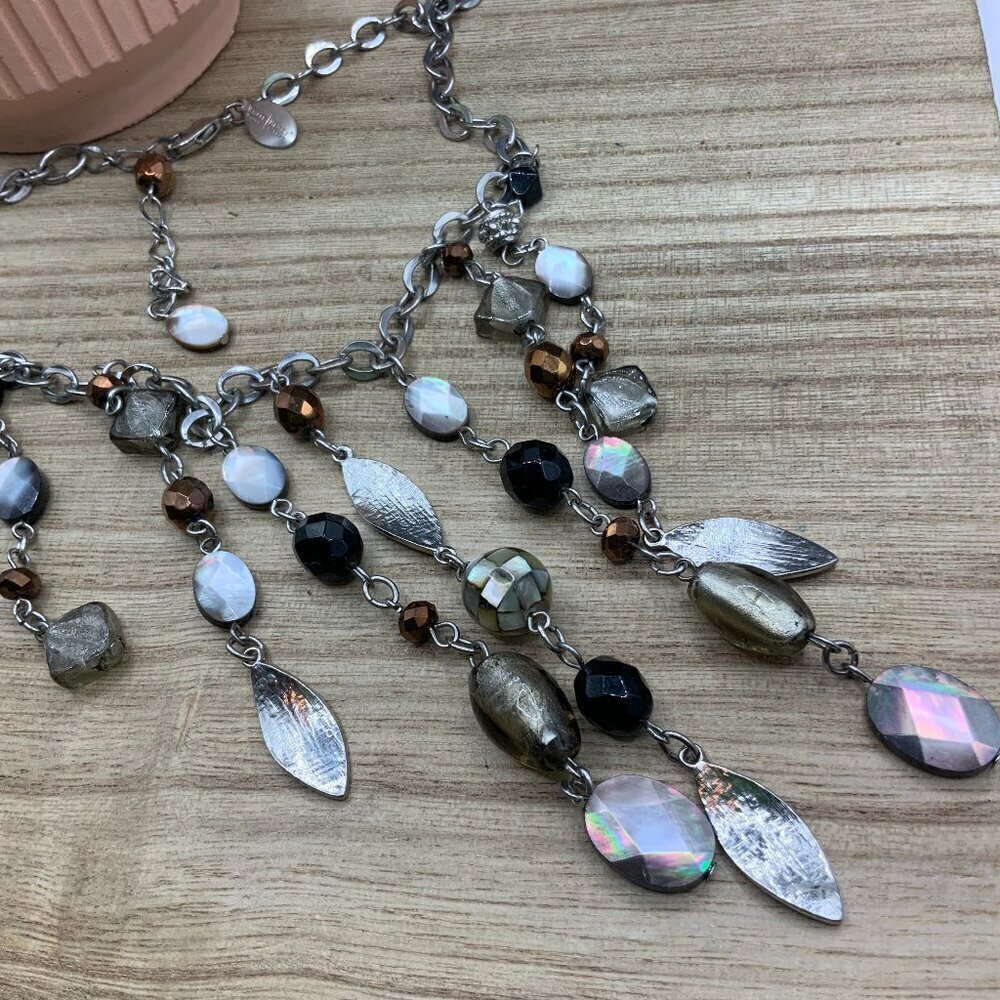White House Black Market Mother Of Pearl Beaded  Silver Tone Waterfall Necklace
